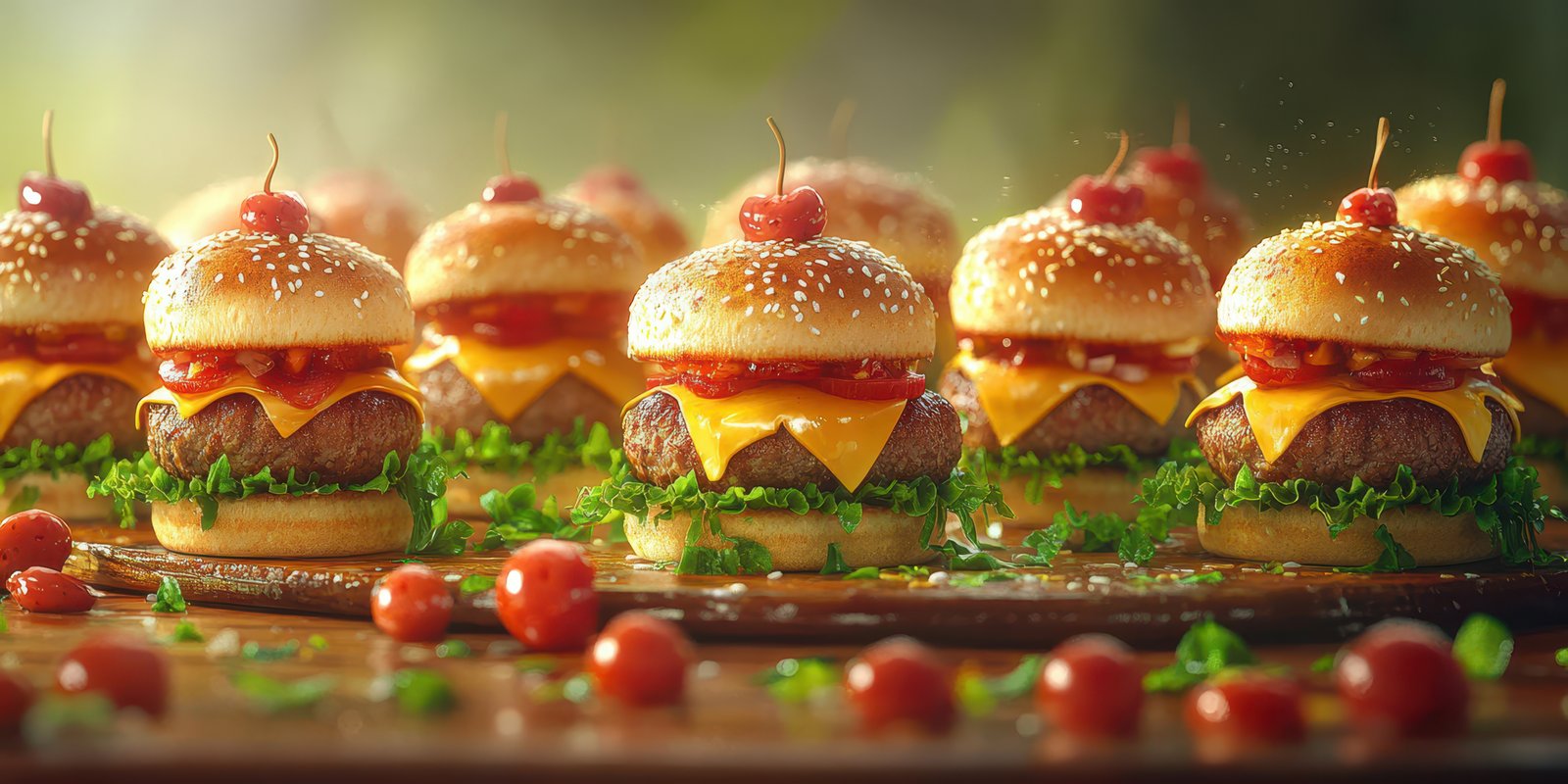 Delicious cheeseburgers arranged on a wooden table with fresh toppings and cherry tomatoes during a summer gathering
